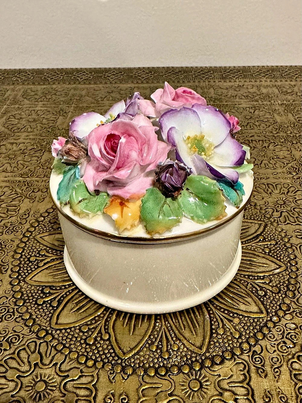 Floral Porcelain Trinket Jar. Pink & Purple